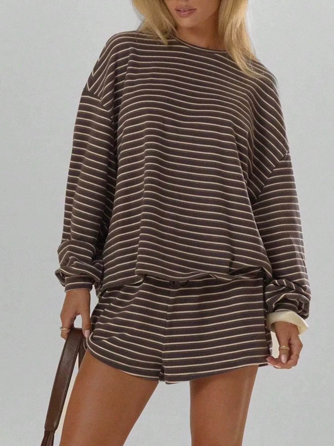 Trendsi Casual Striped Long-Sleeve Top and Shorts Set -