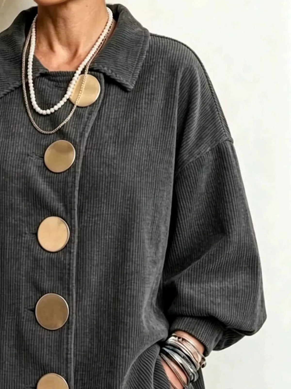 Women's Corduroy Button-Down Jacket in gray — button detail view