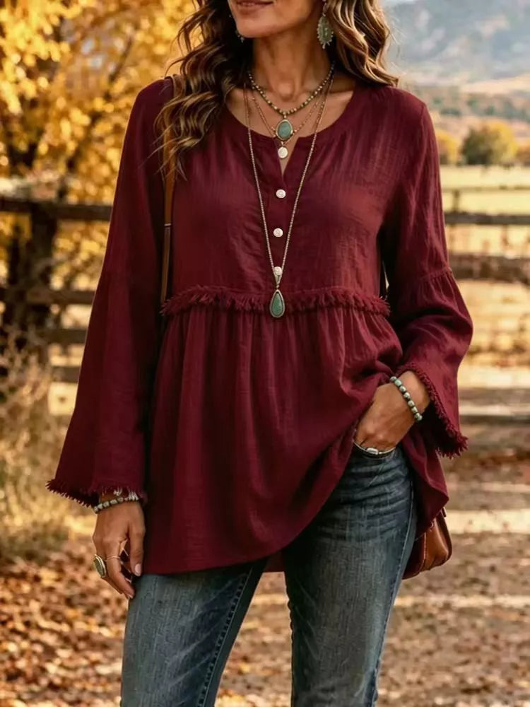 Burgundy fringed button detail blouse