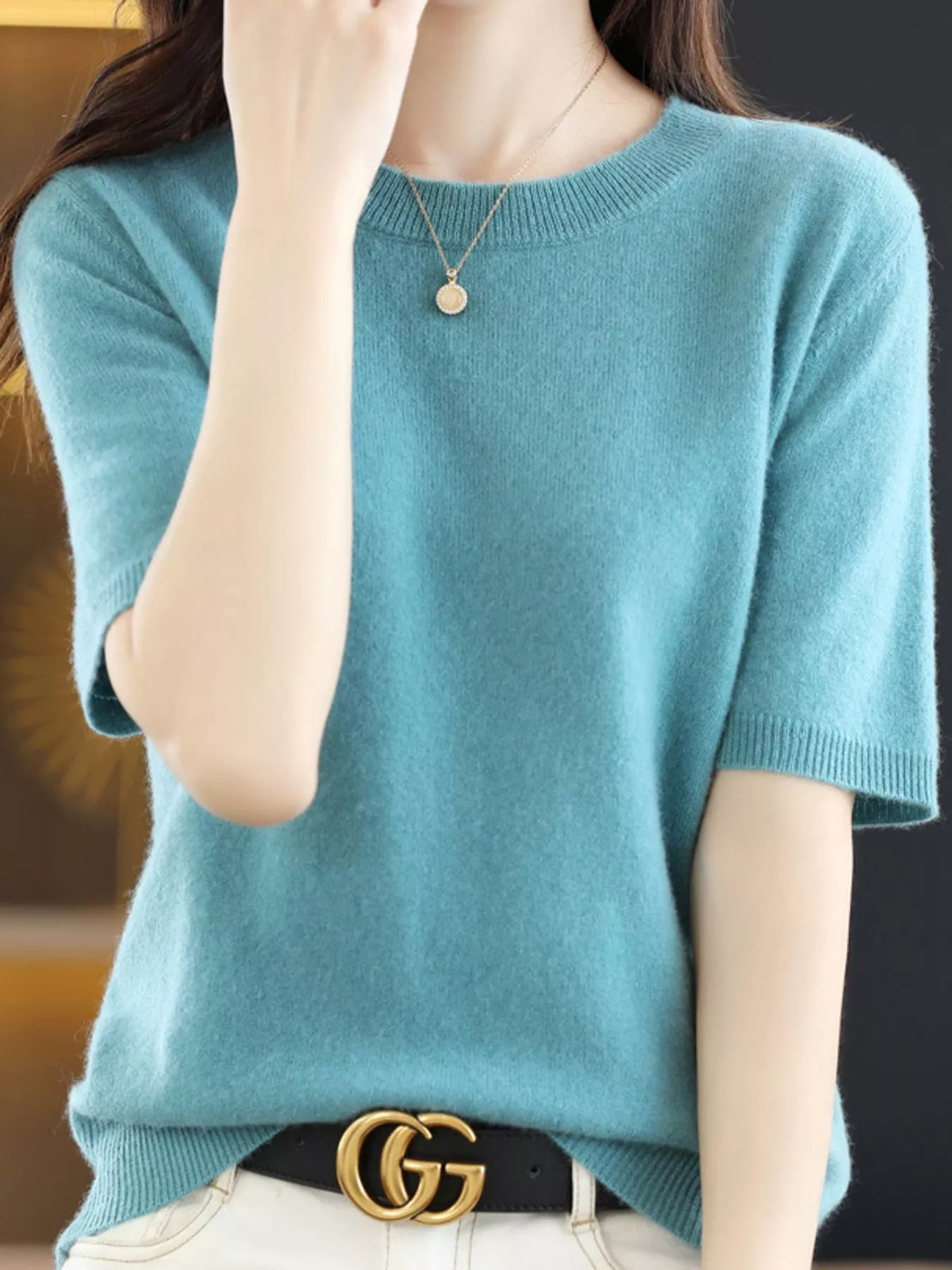 Lake Green round neck short-sleeve sweater