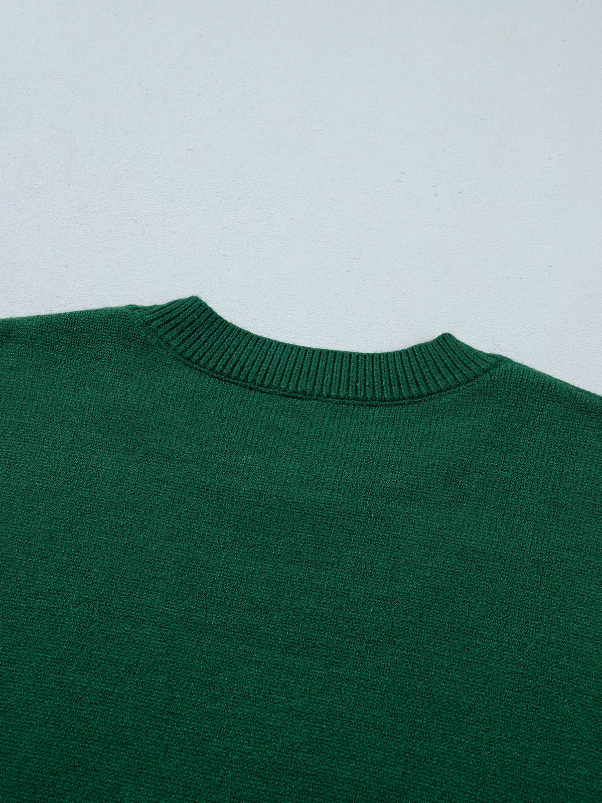 Dark Green abstract dog embroidery christmas round neck sweater, detail view