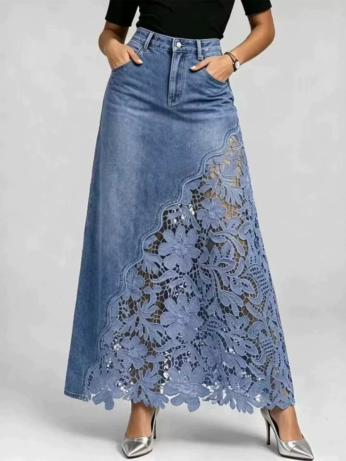 Lace-panel denim skirt, light blue full front