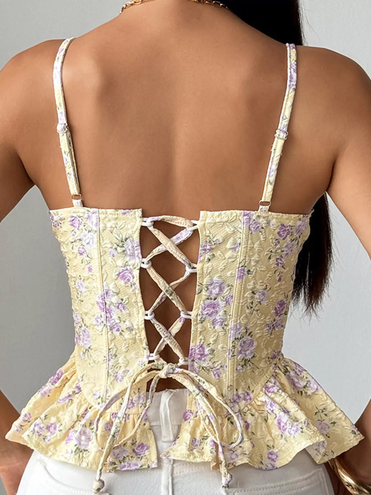 Yellow lace up back floral print cami, back view