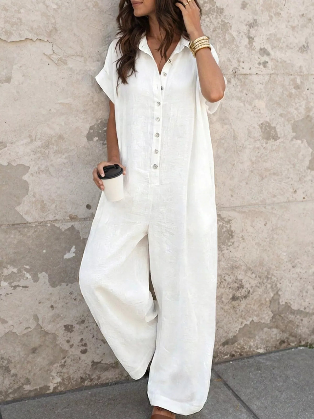 White button-front jumpsuit, front view