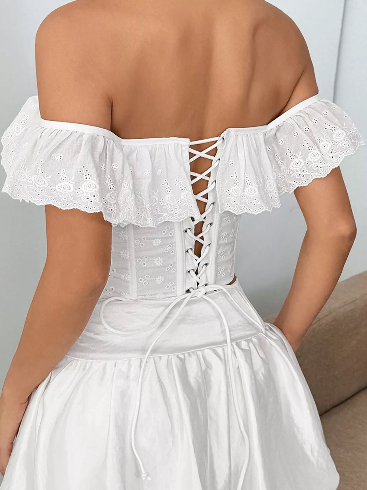 Eyelet corset top, white lace up back