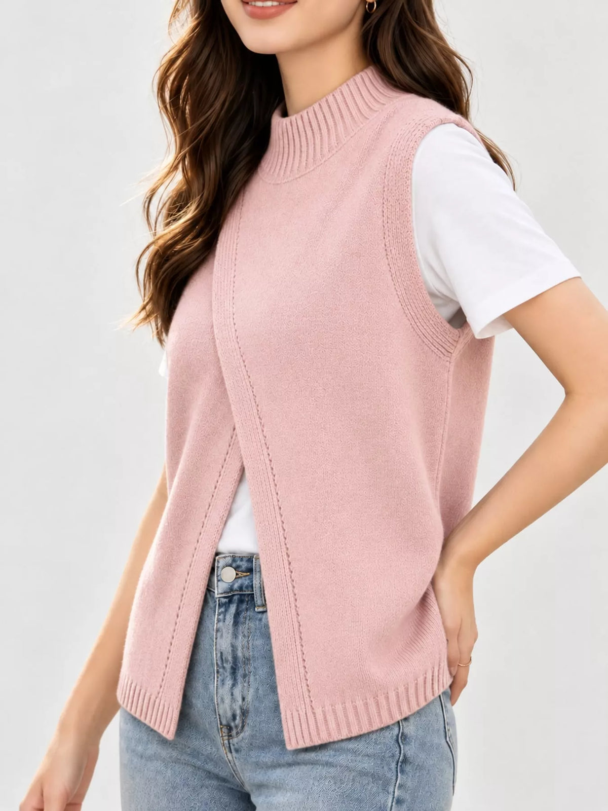 Mock Neck Asymmetrical Hem Knit Sweater Vest in pink