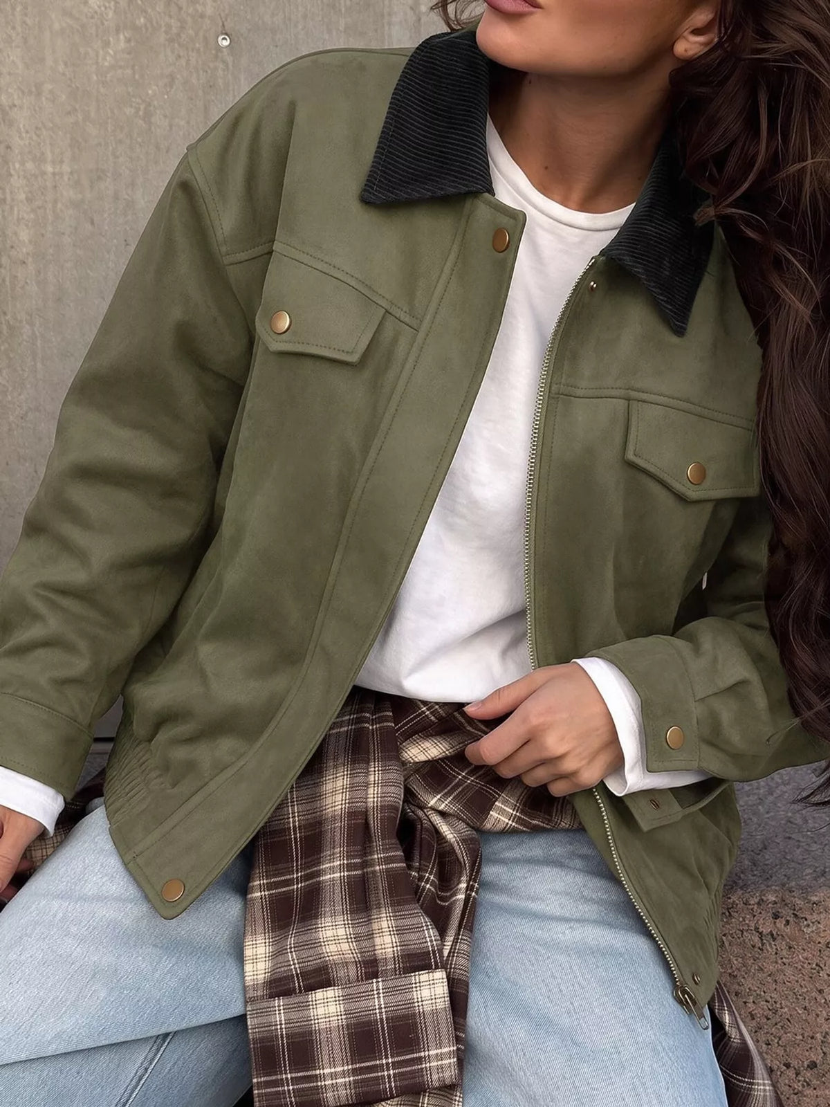 Green zip-up dropped shoulder jacket — front view