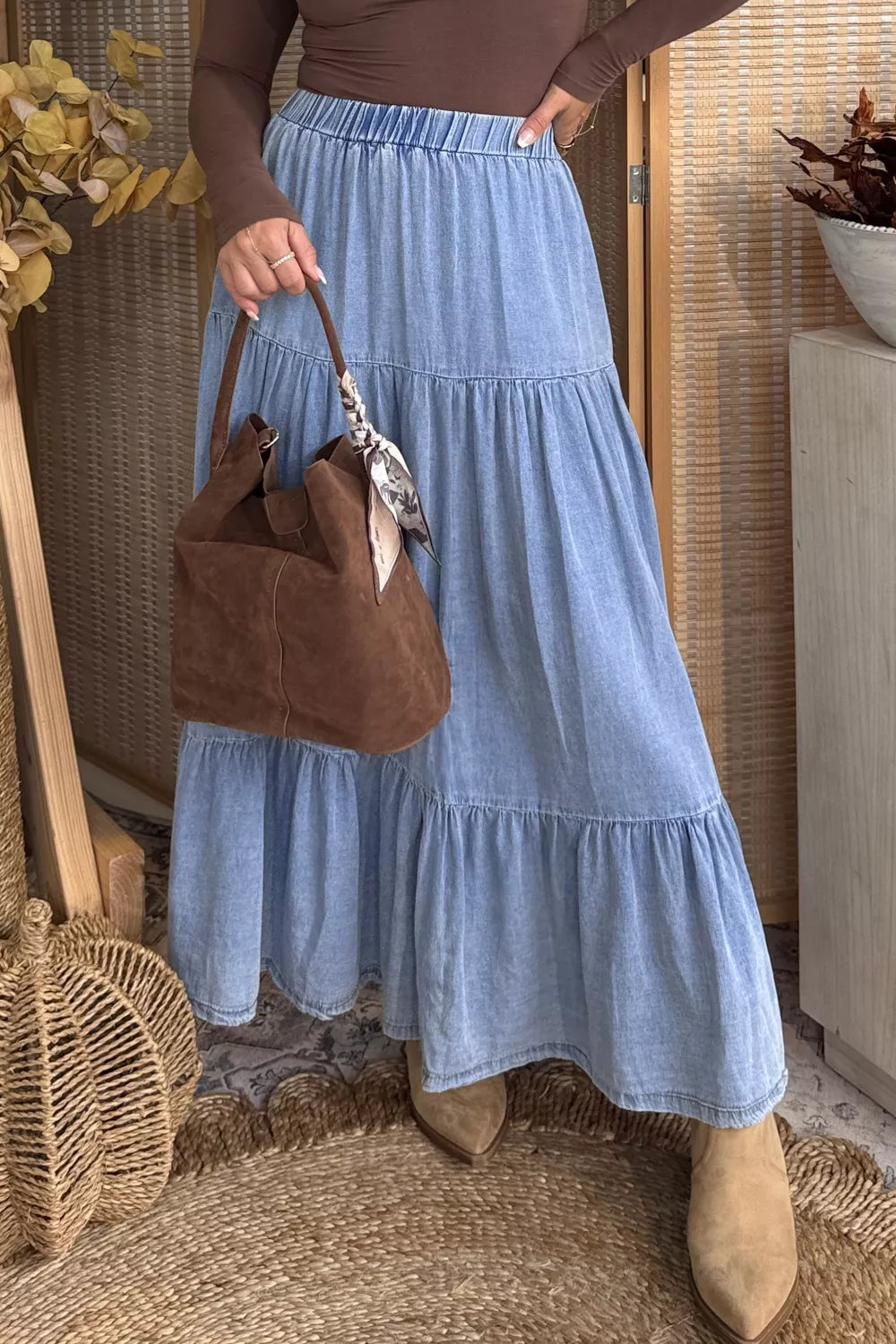 Trendsi Elastic Waist Ruffled Tiered Flared Denim Maxi Skirt -