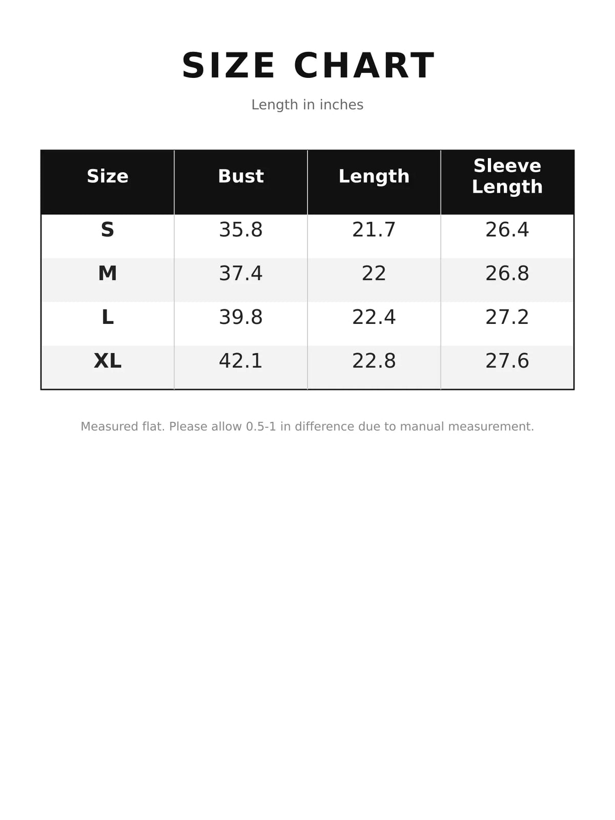 Size chart for ribbed knit zip-up cardigan with lantern sleeves
