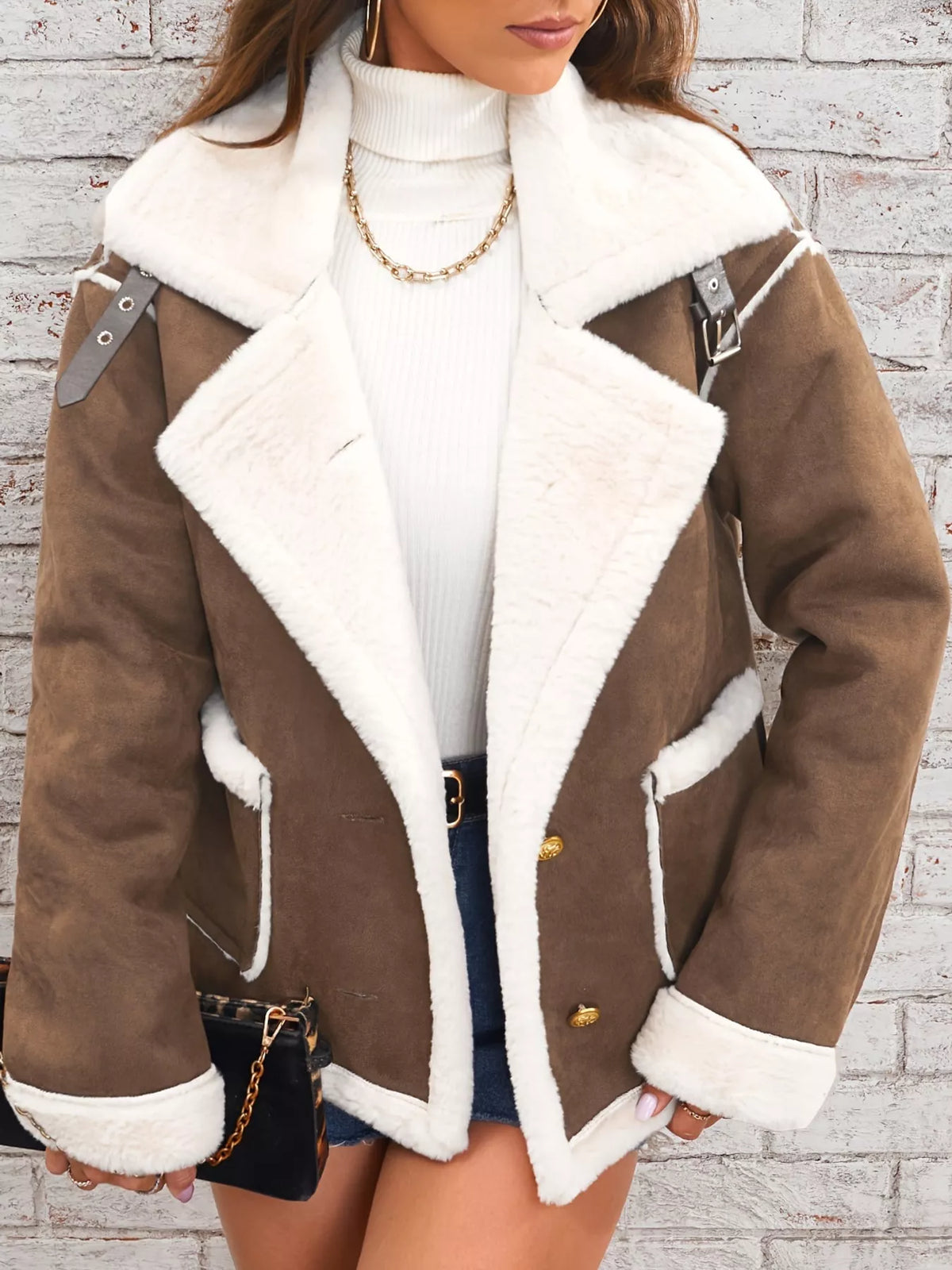 Brown plush-lined button-front jacket — front view