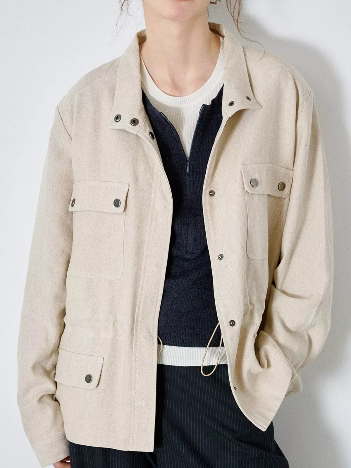 Drawstring utility jacket, ivory front