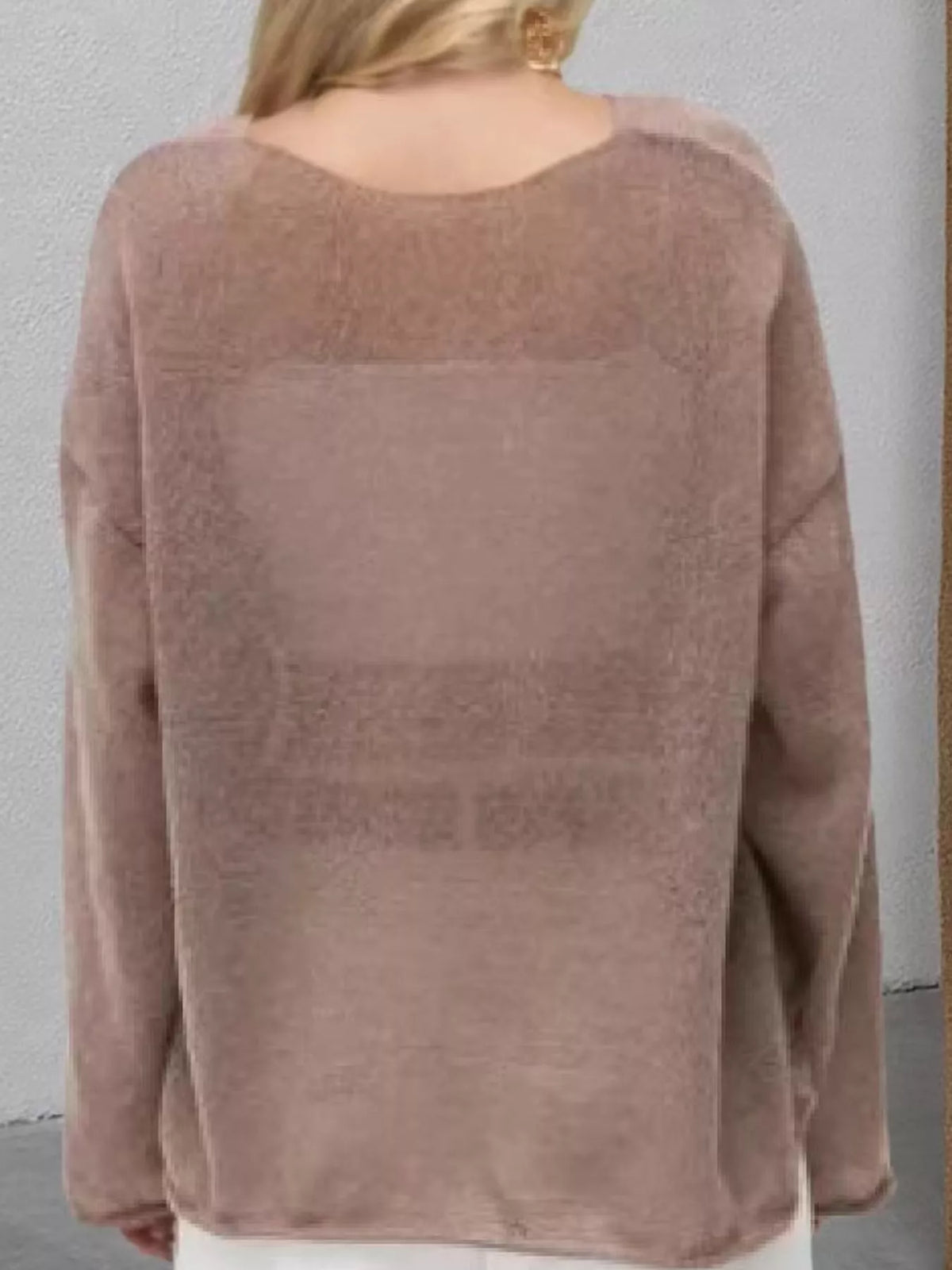Taupe sheer openwork knit long sleeve top, back view
