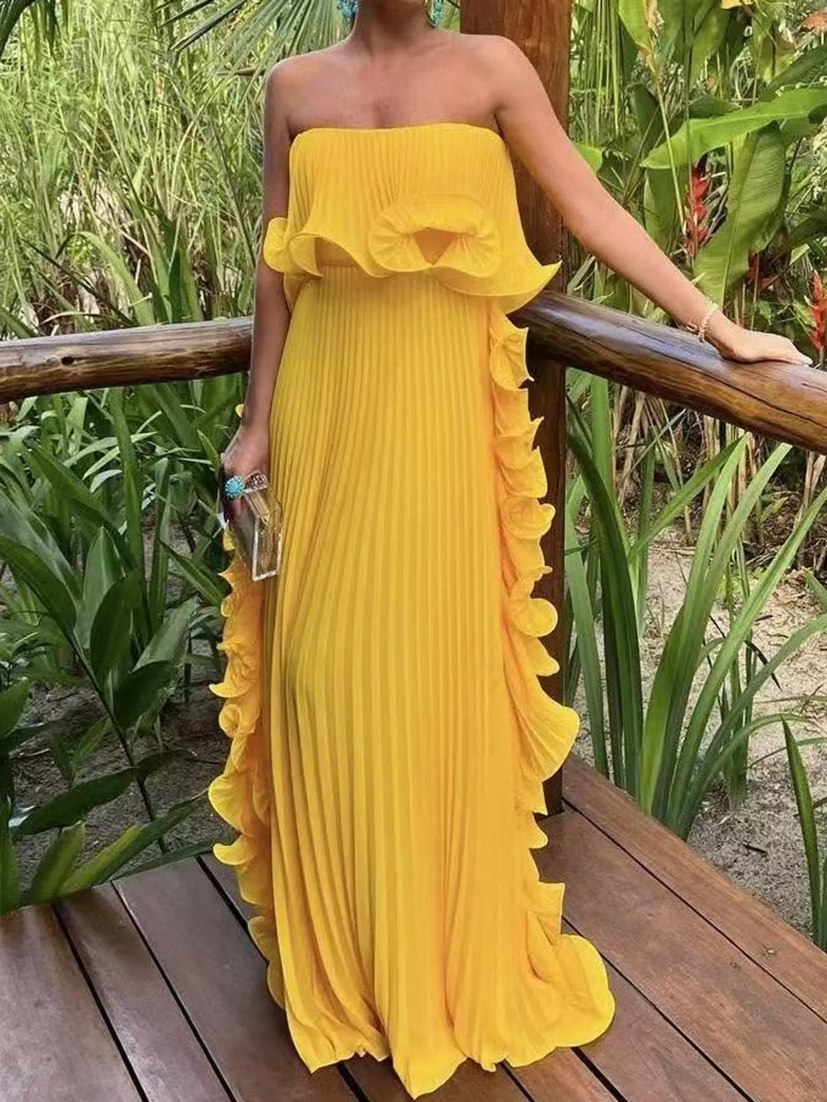 Ruffled Strapless Pleated Maxi Dress — front view