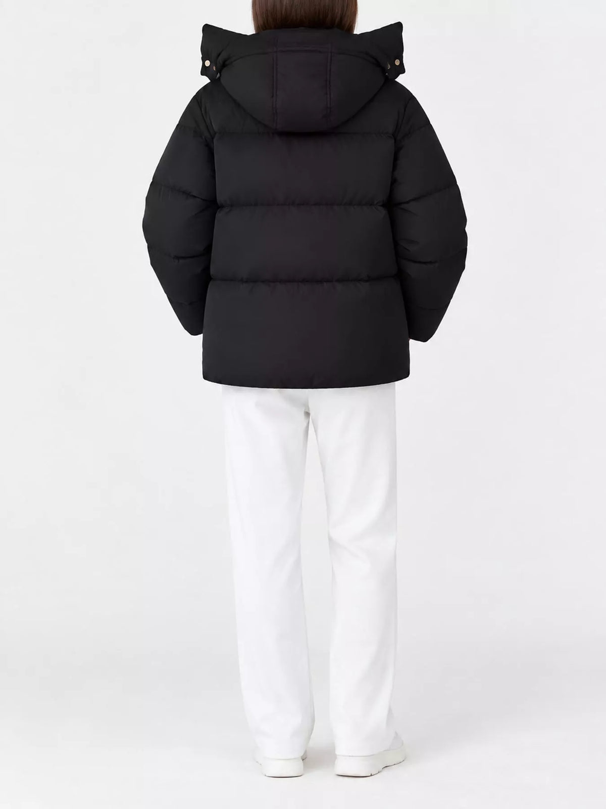 Black quilted hooded puffer jacket, back view