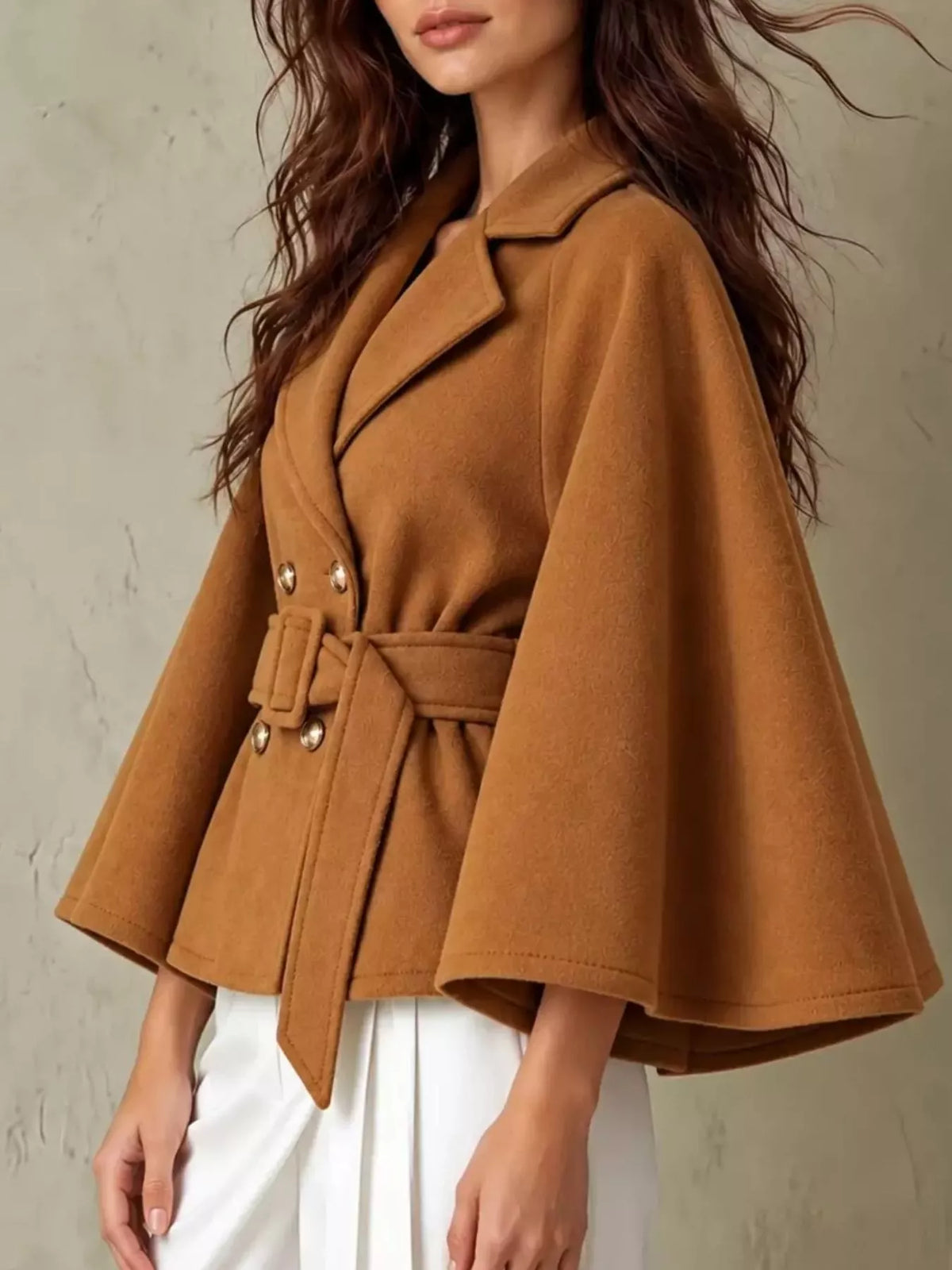 Double-Breasted Cape Coat with Belt in caramel
