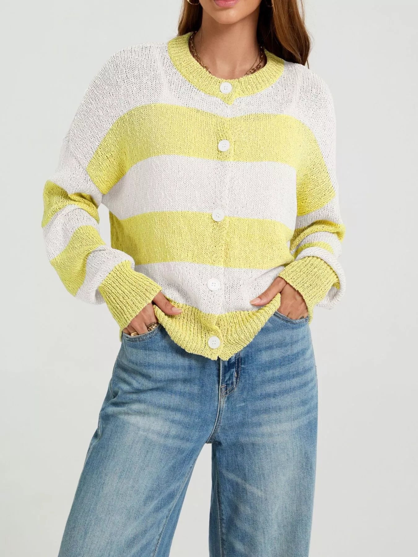 Trendsi Casual Striped Button-Down Knit Cardigan -