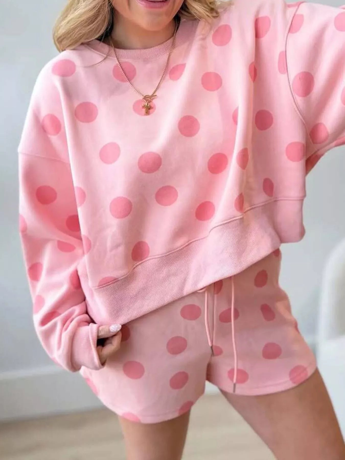 Trendsi Polka Dot Crewneck Sweatshirt and Shorts Set -