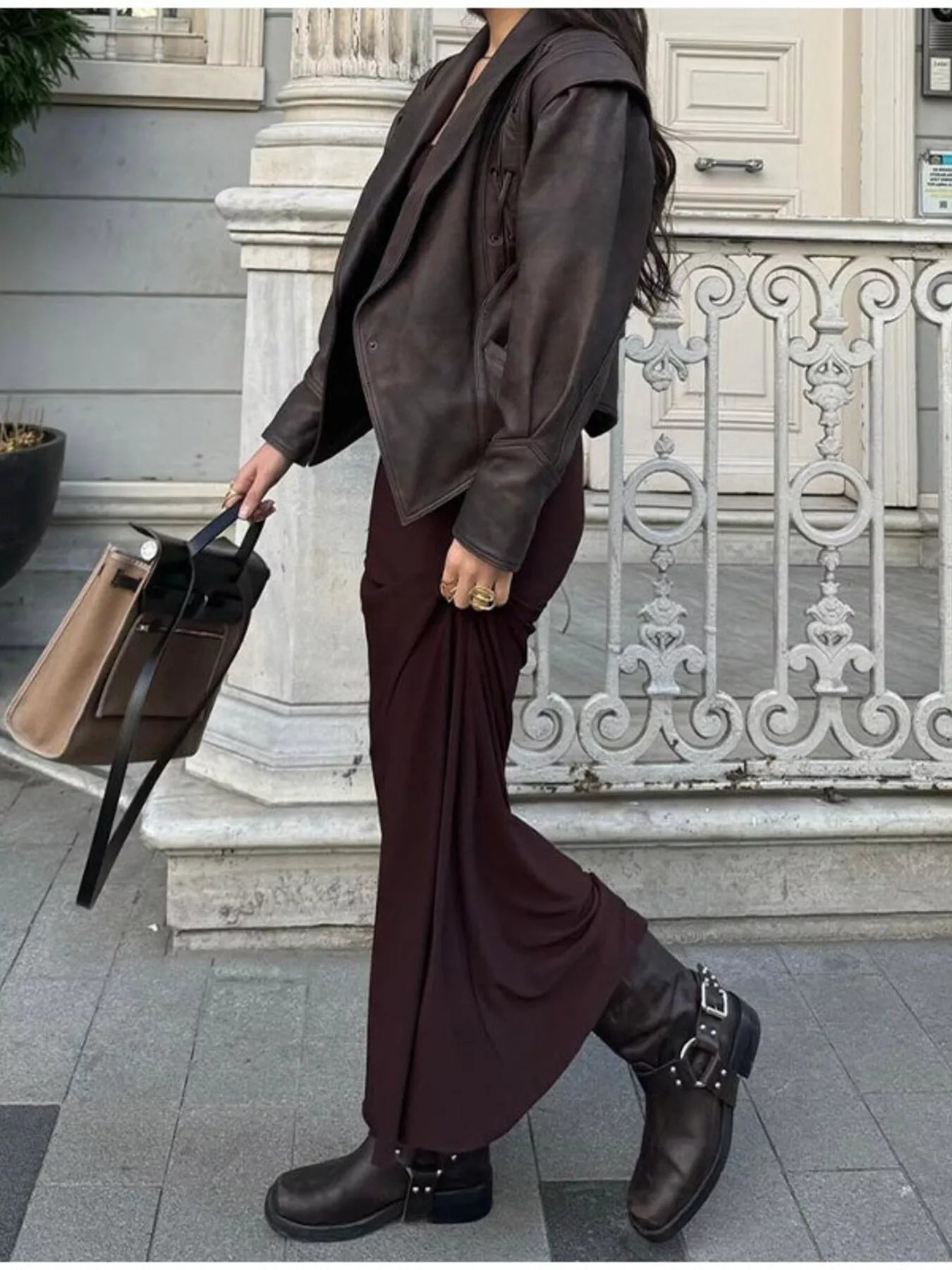 Trendsi Belted Leather Jacket with Shawl Collar -
