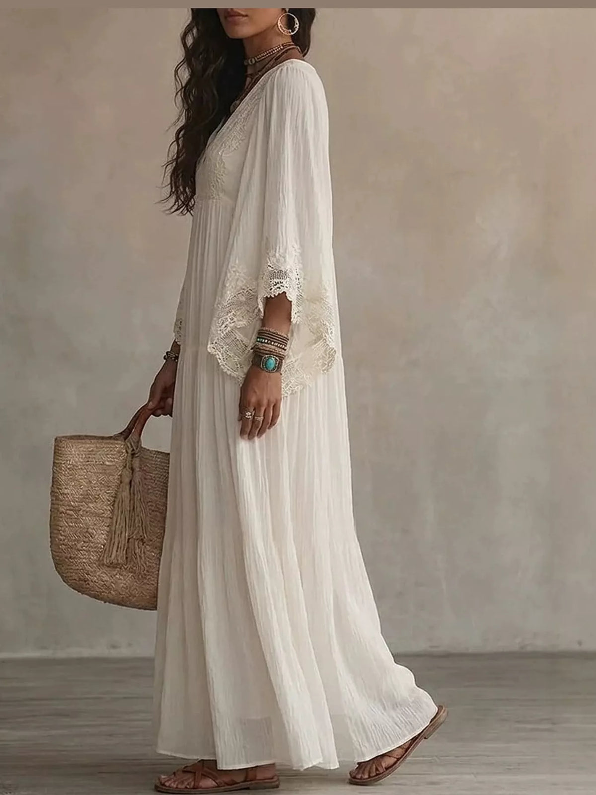 V-Neck Lace Trim Maxi Dress — side view