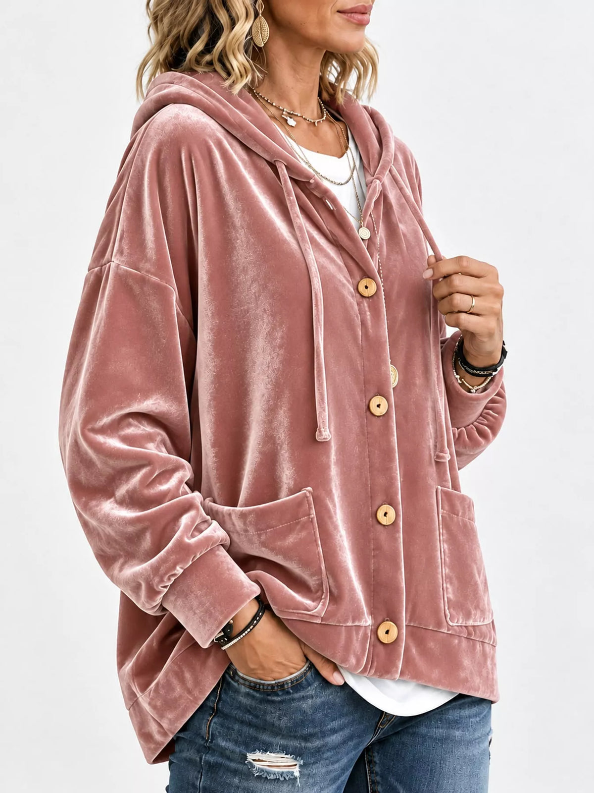 Pink velvet dropped shoulder hoodie, side view