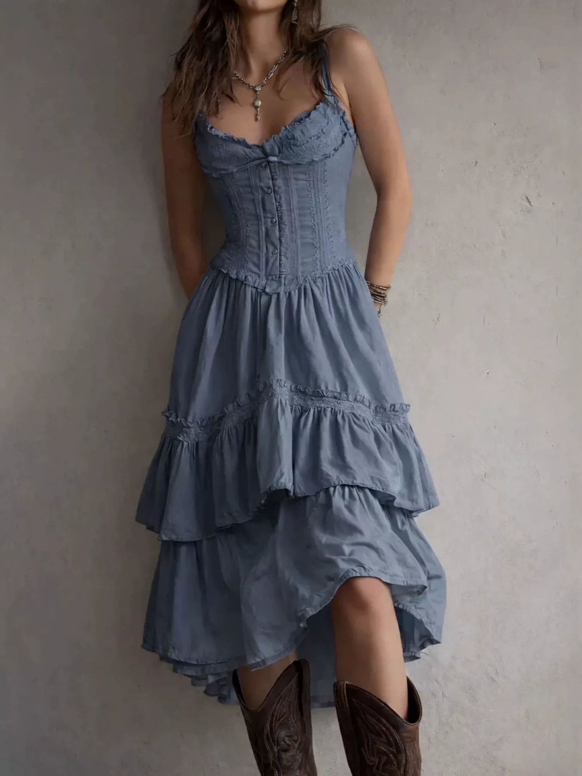 Layered Ruffle Midi Dress in blue
