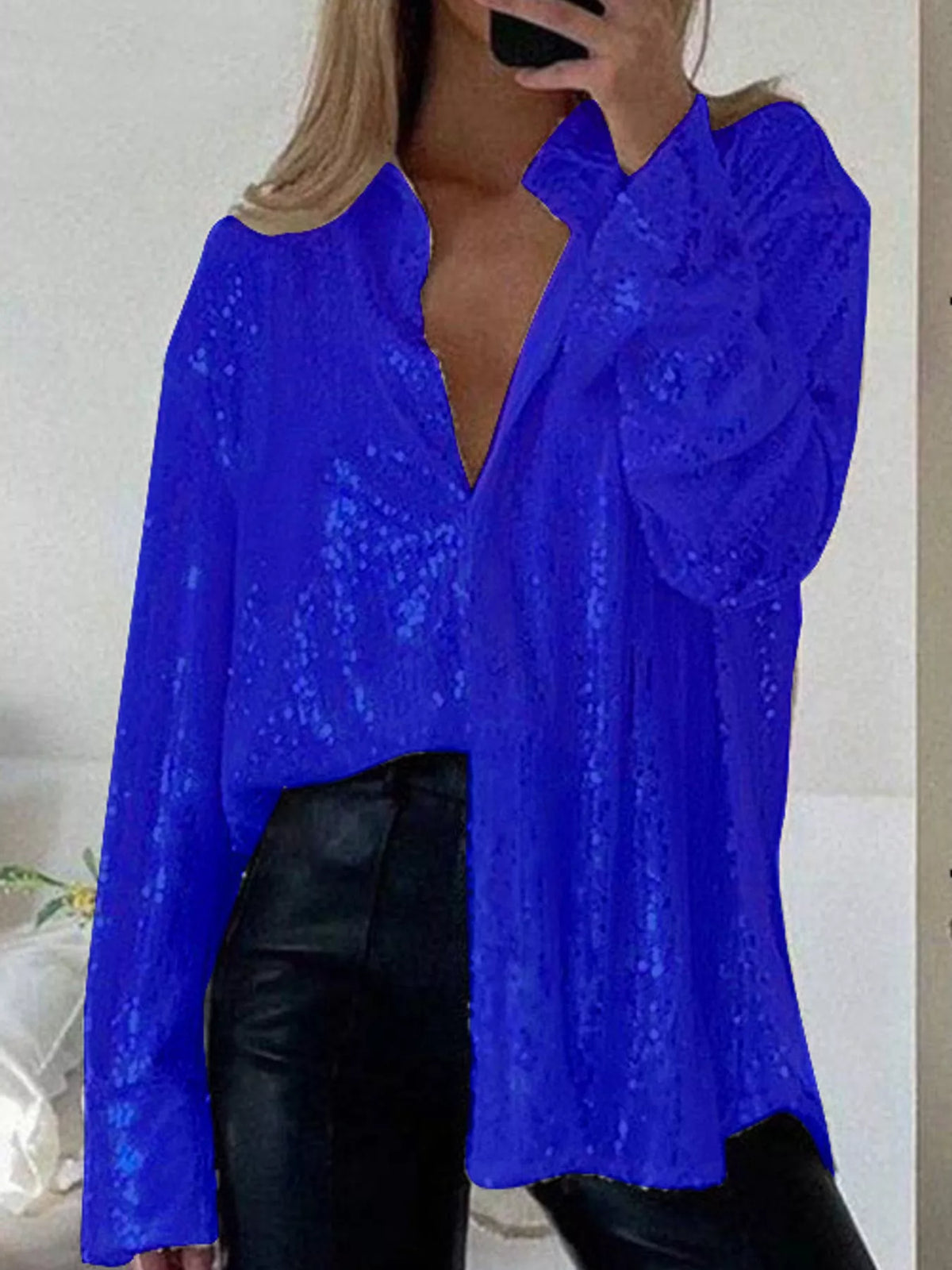 Blue sequin button up long sleeve shirt