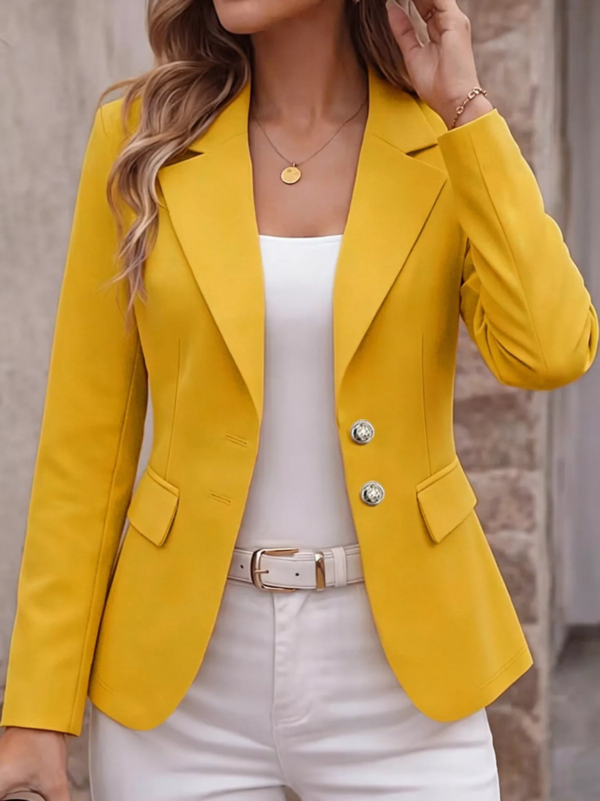 Collared long sleeve blazer, front view on model