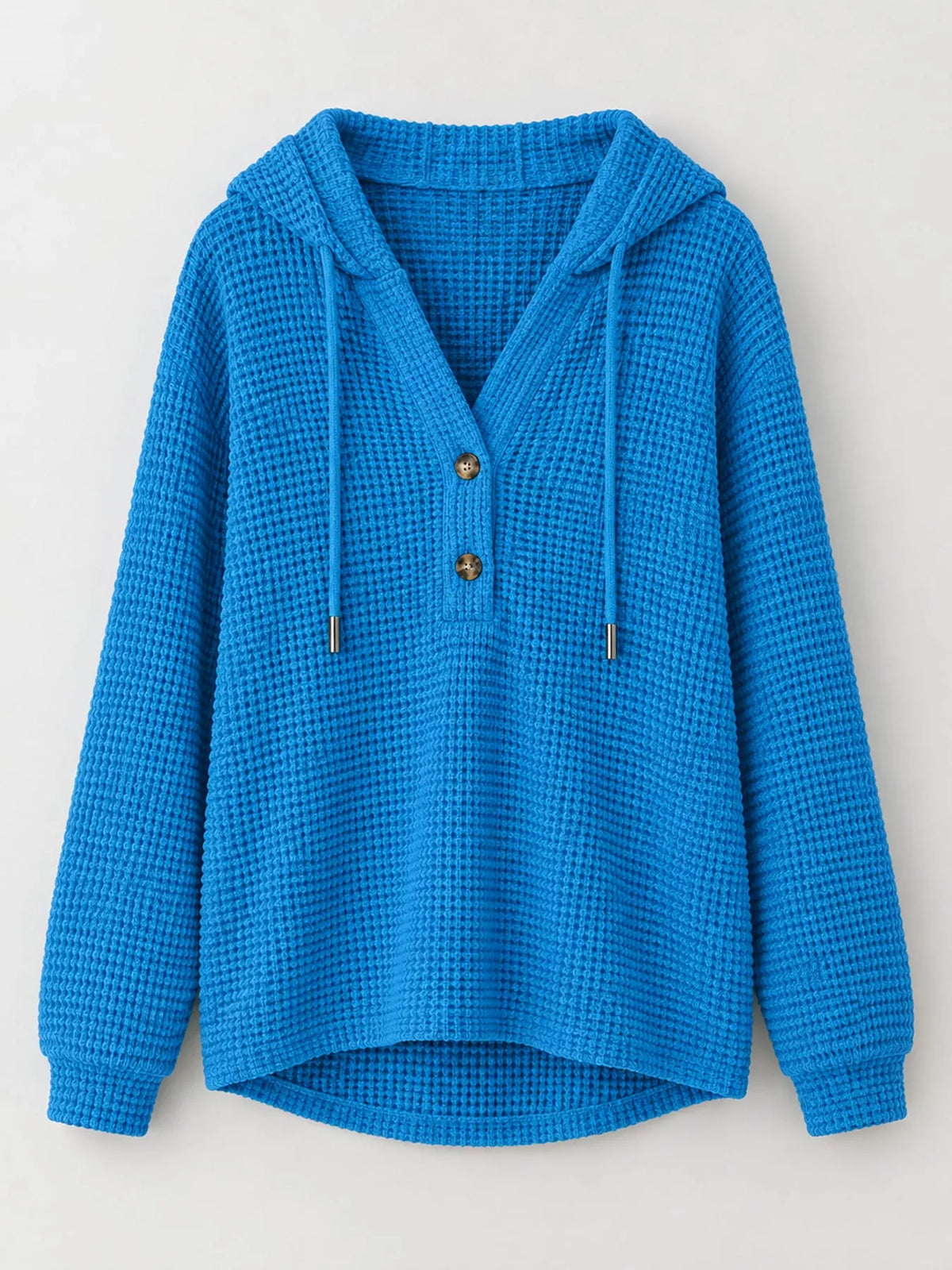 Blue waffle knit button-detail hoodie, product view