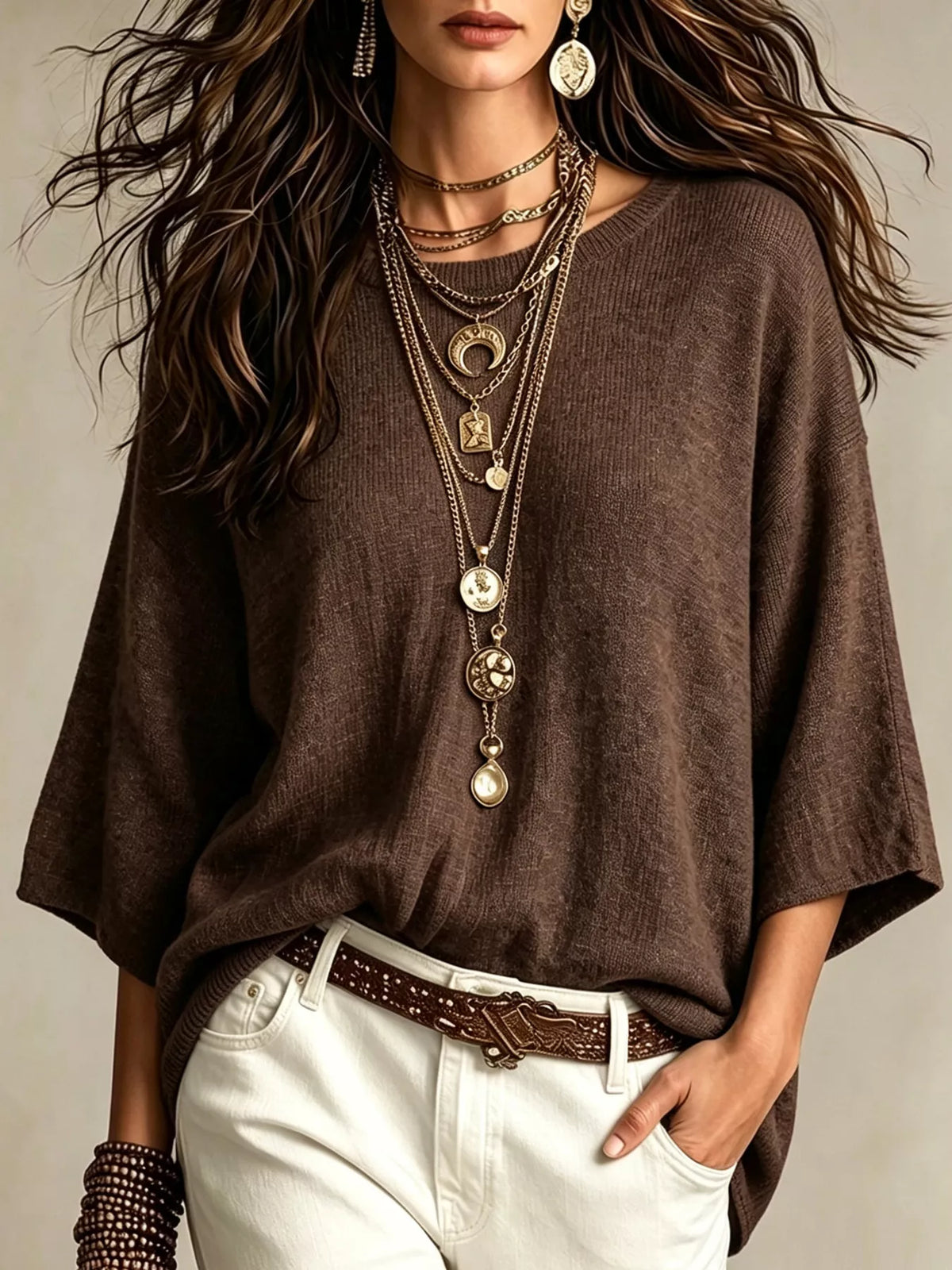 Women's Round Neck 3/4 Sleeve Knit Top in Gray, front view