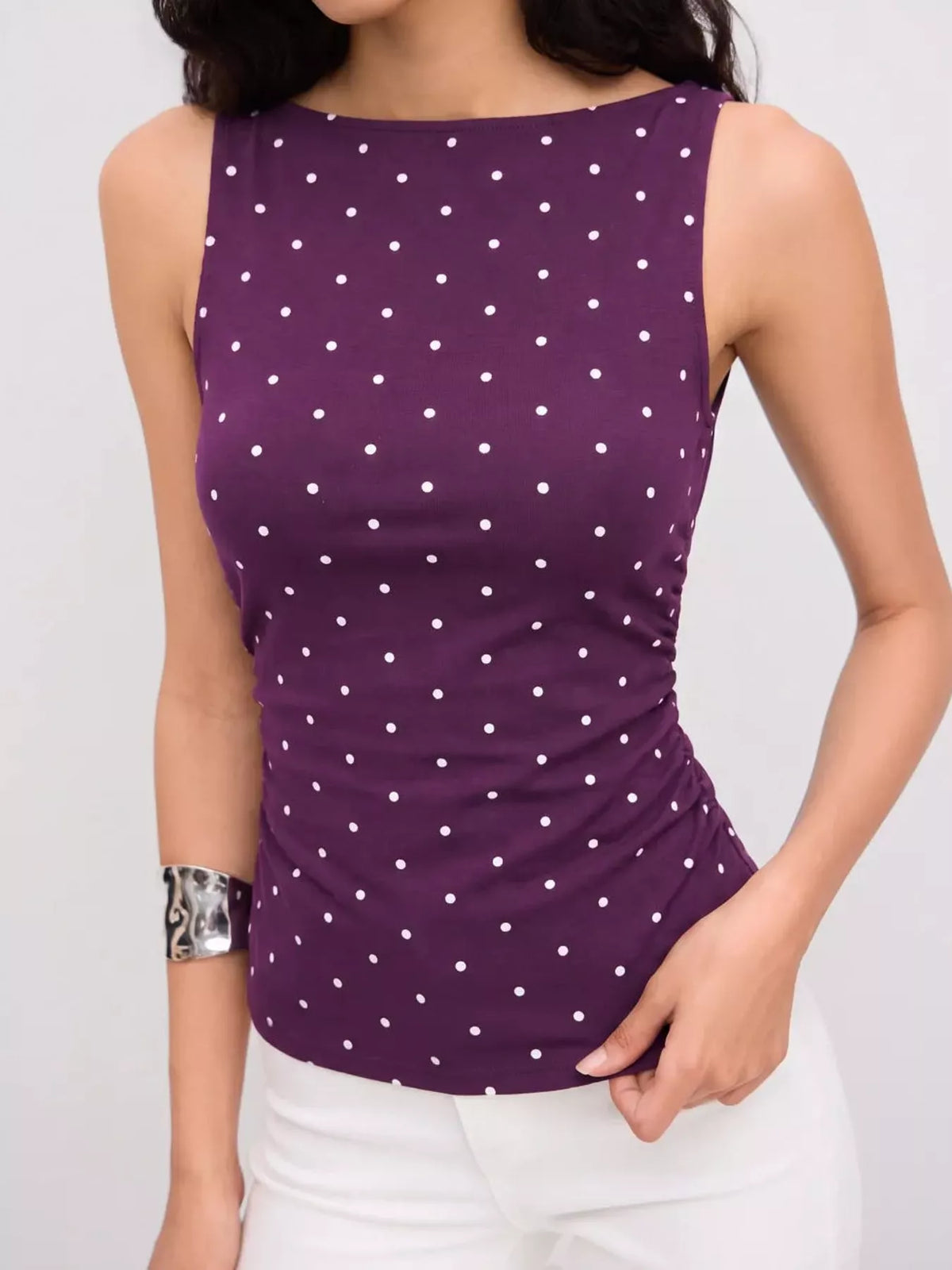 Polka Dot Print Sleeveless Tank Top with Tie Back in purple