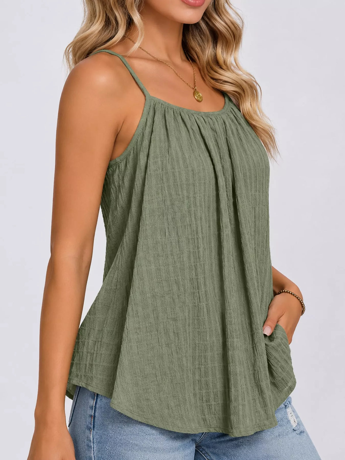 Green textured cami, side view