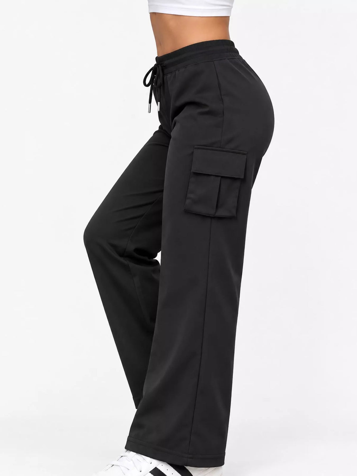 Black high-waisted slim-fit cargo flare pants with drawstring