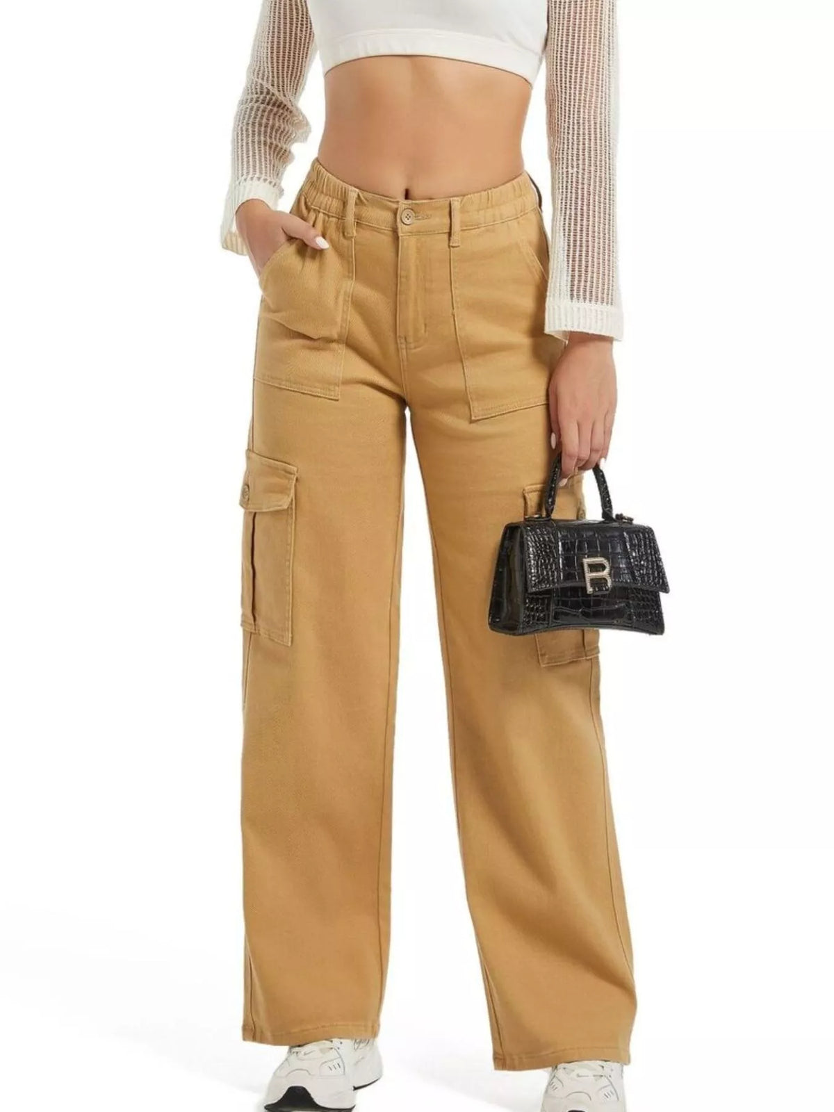 Tan wide-leg cargo jeans, front view, leg bent