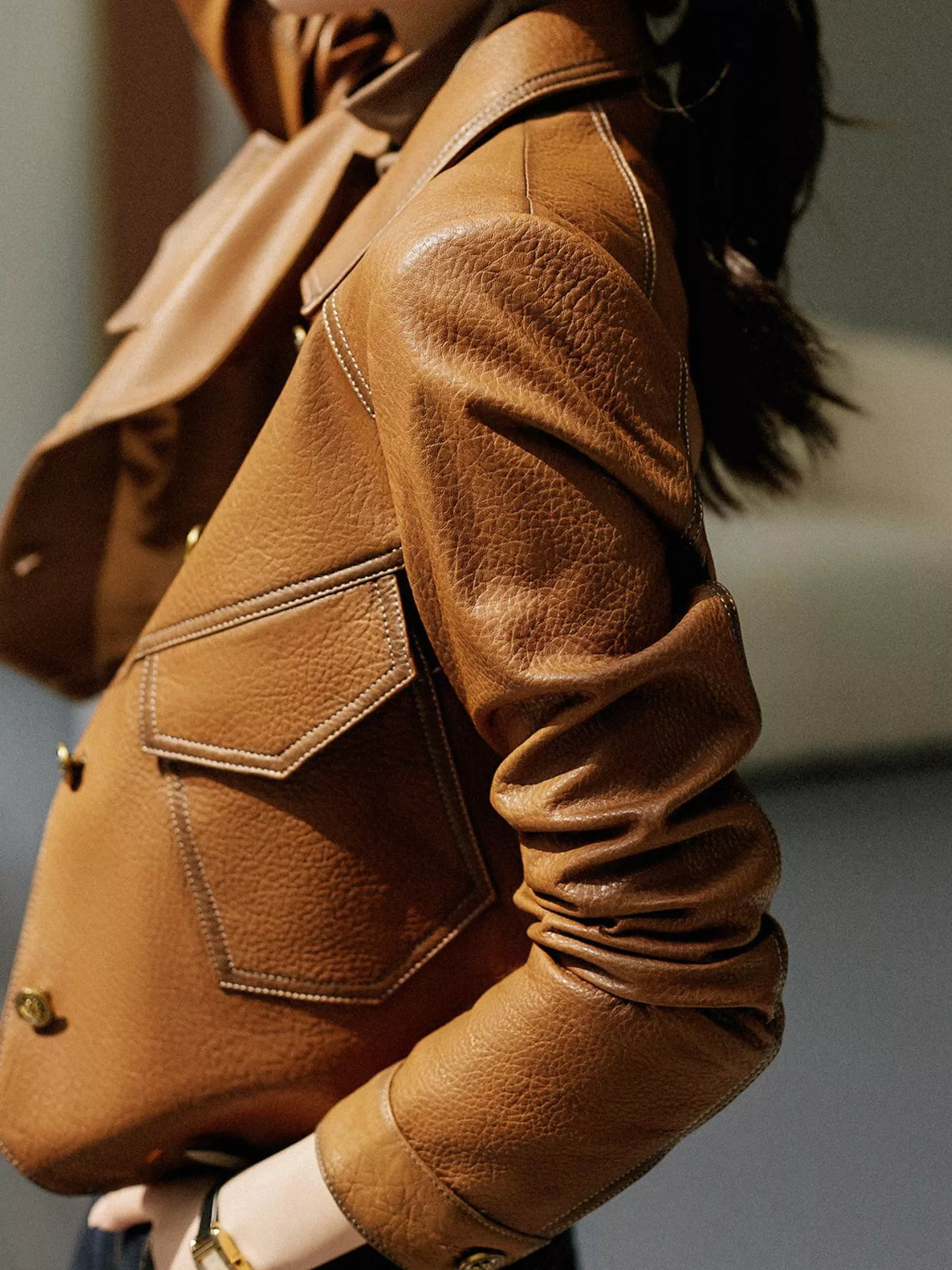 Collared long sleeve jacket, side view