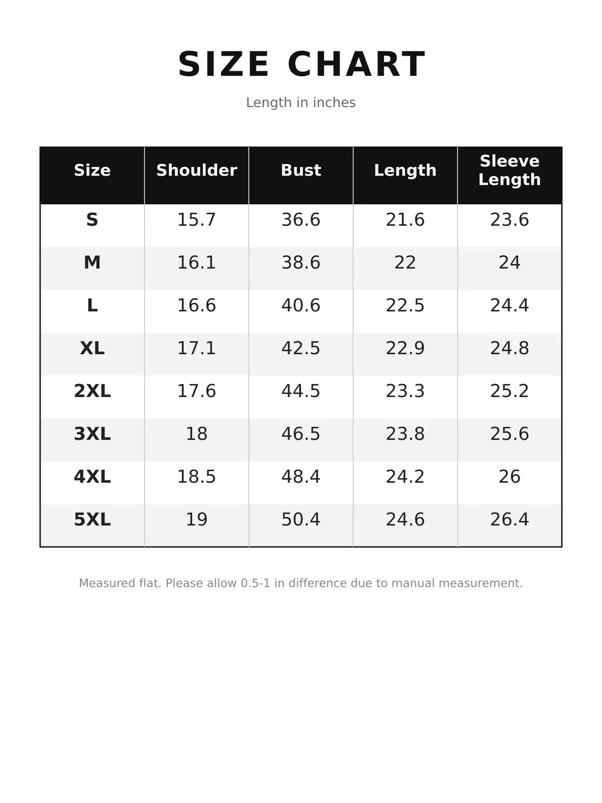 Size chart for faux leather zip up jacket
