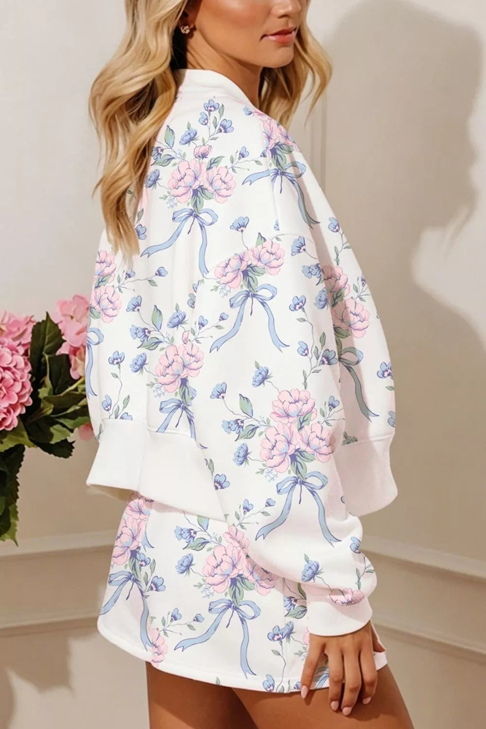 Trendsi Floral Print Long Sleeve Top Elastic Waist Skort Two Piece Set -