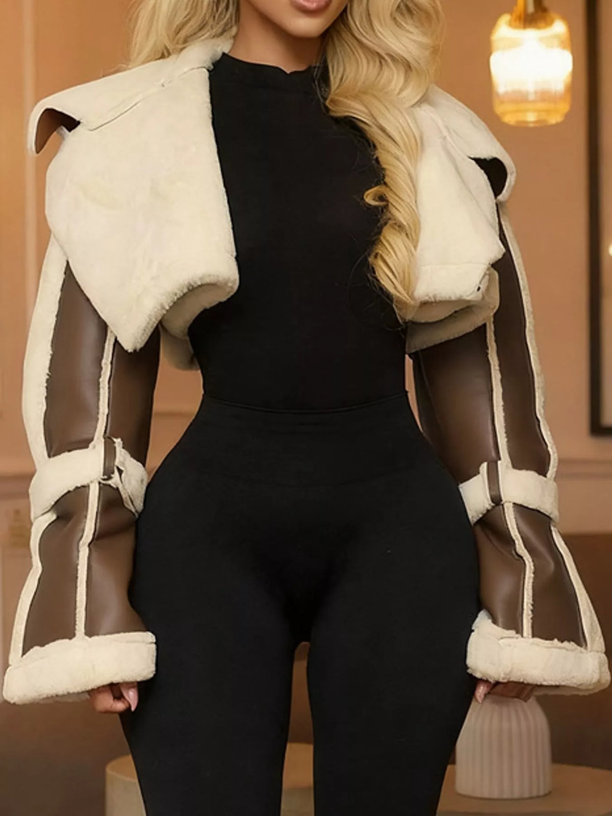 Brown faux leather plush cropped jacket