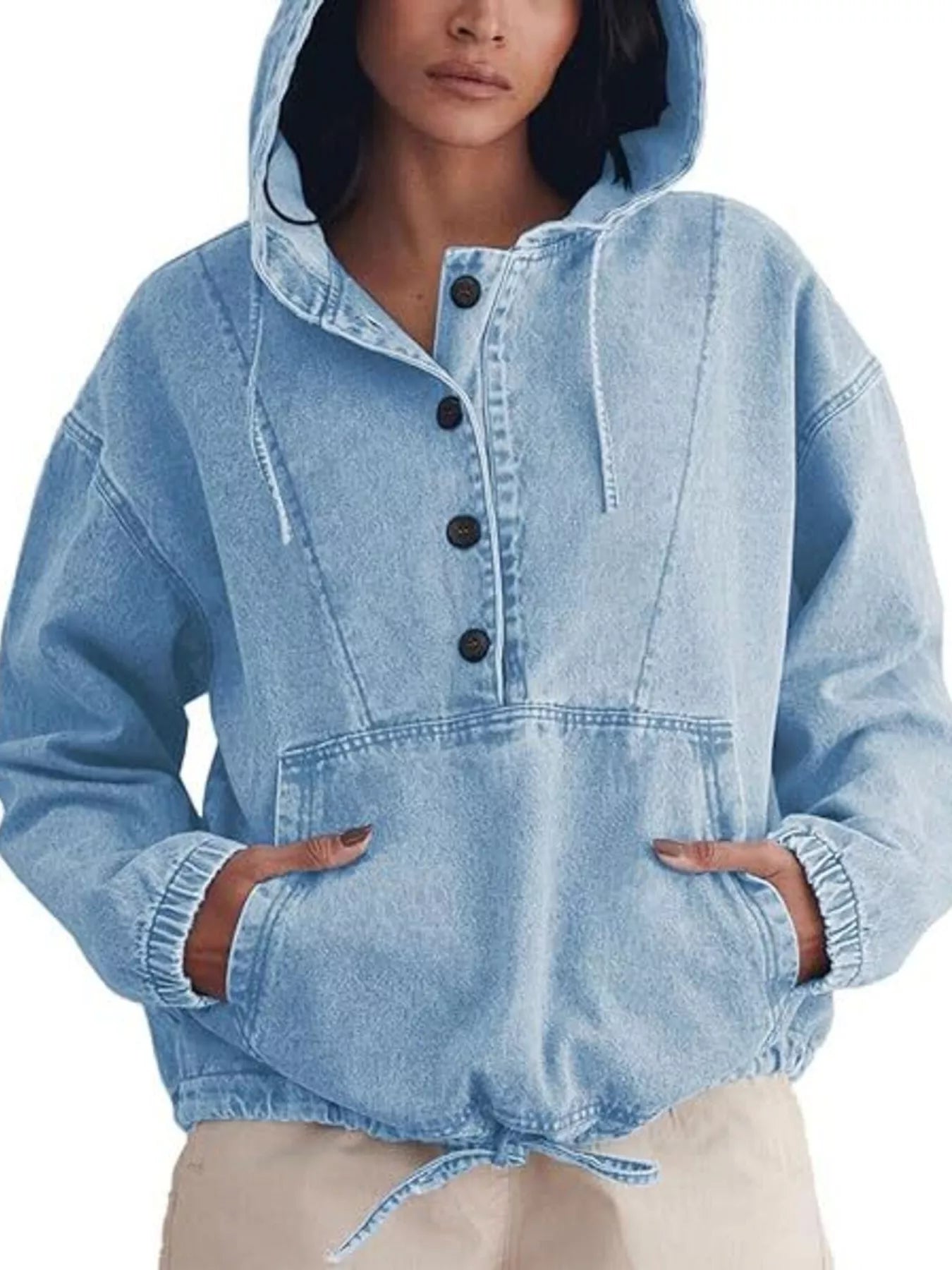 Trendsi Casual Hooded Kangaroo Pocket Denim Jacket -