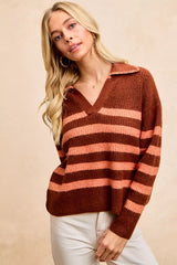 Trendsi BiBi Striped Sweater Top with Collar Stitched Details -