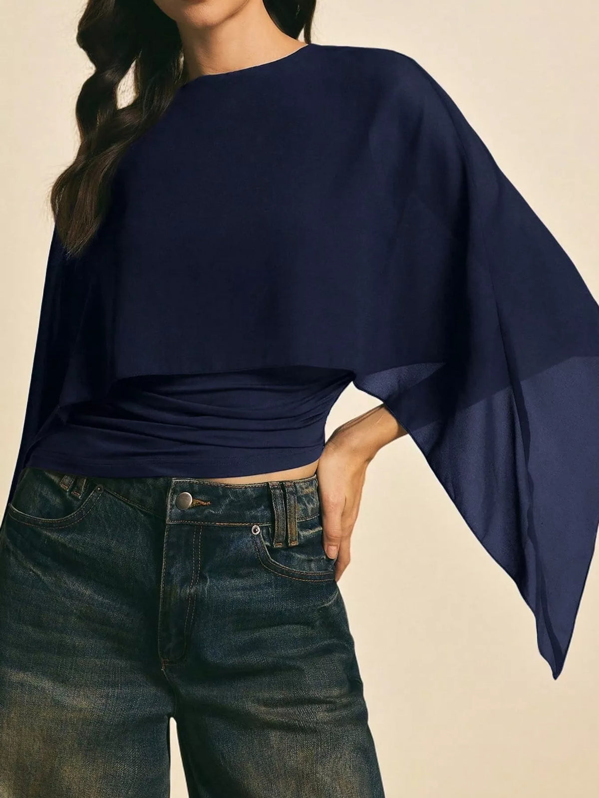 Navy cape sleeve round neck blouse