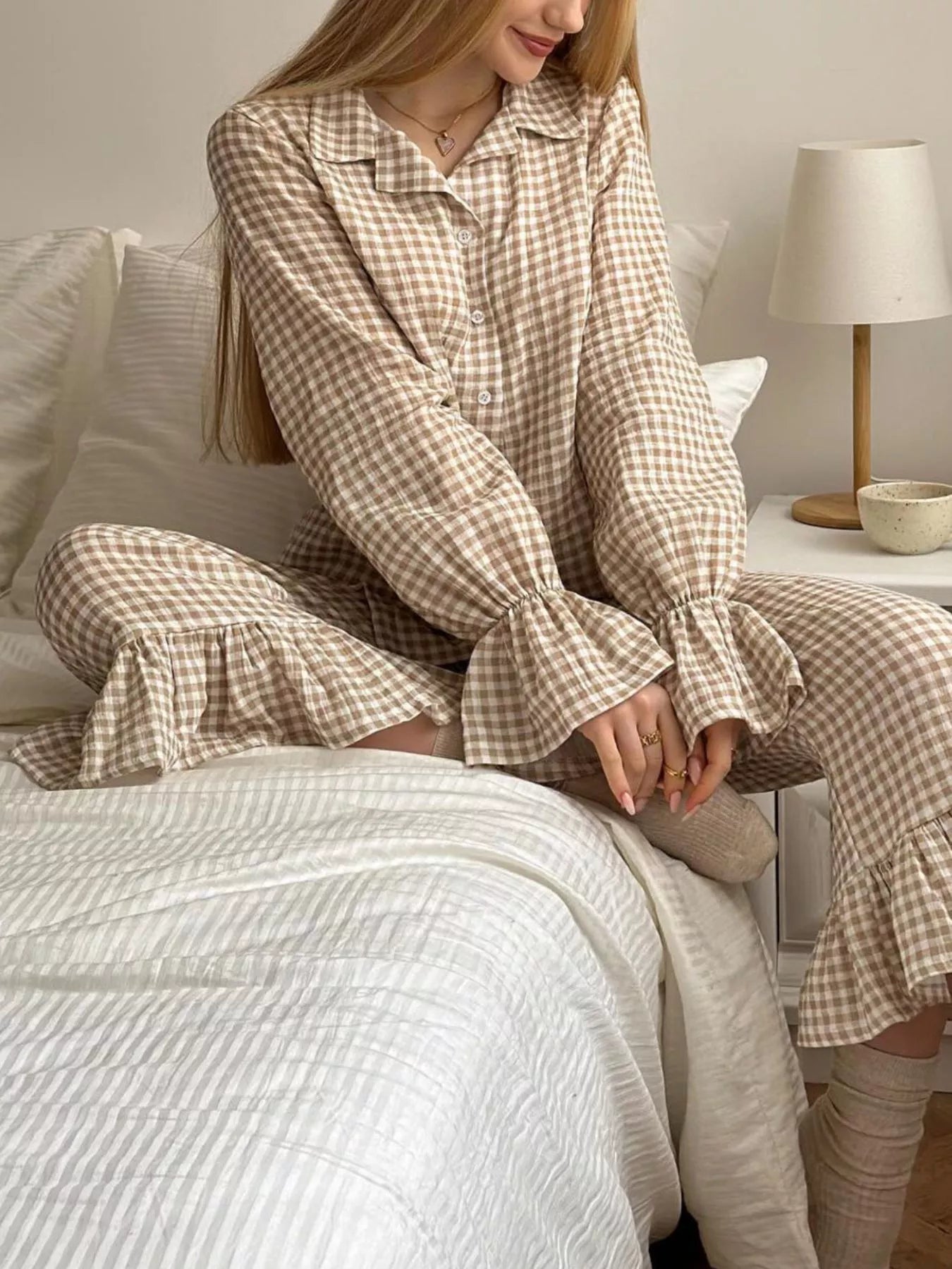 Trendsi Gingham Ruffle-Trim Top and Pants Lounge Set -