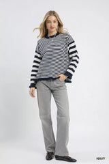 Trendsi Umgee Ruffle Neck Stripe Sweater -