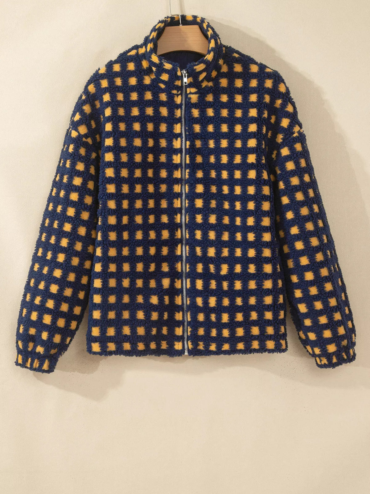 Black plaid sherpa fleece zip up jacket