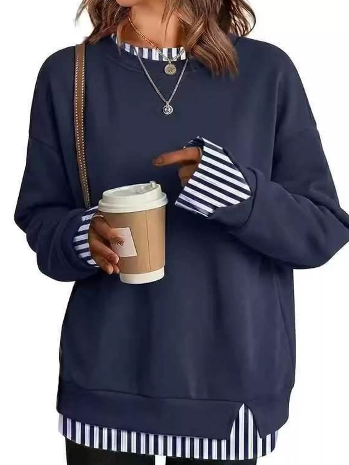 Layered Look Crew Neck Sweatshirt in navy with striped trim, front view