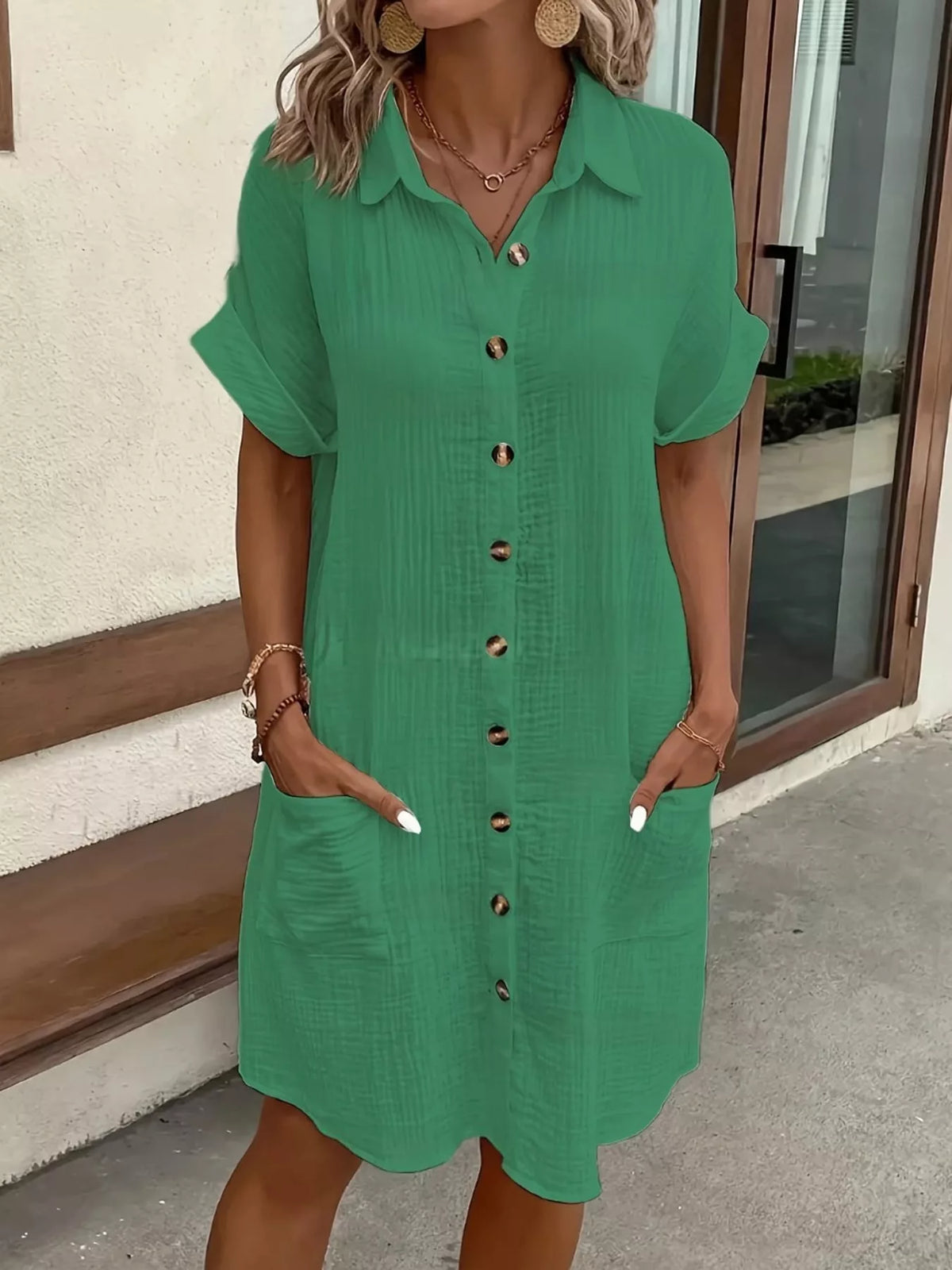 Green textured button-front shirt dress with pockets
