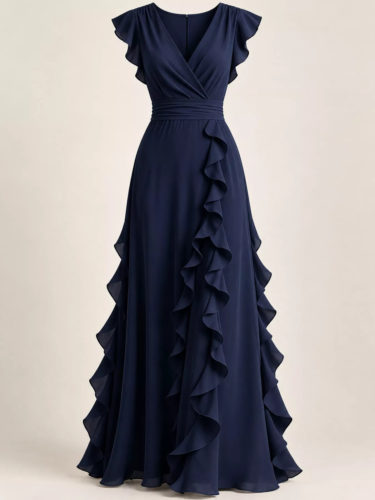 Navy ruffled surplice maxi dress, surplice bodice and ruffles