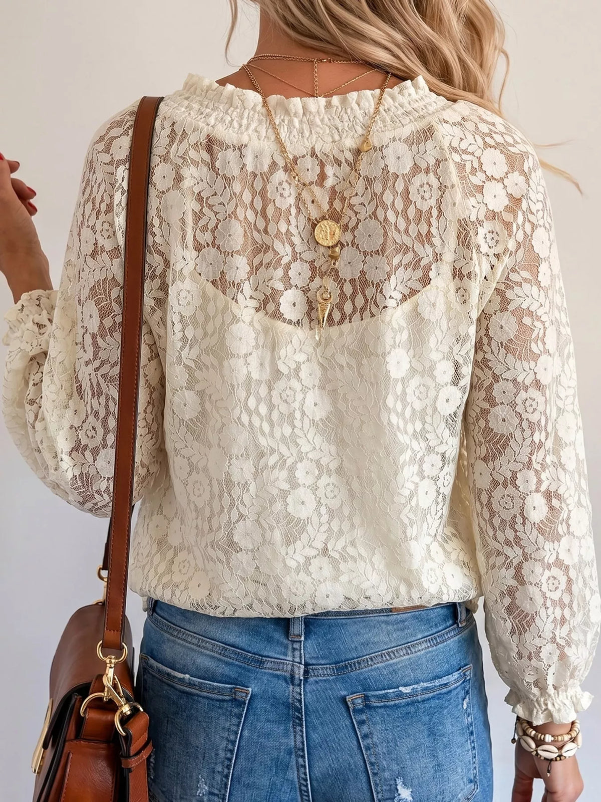 Cream lace long sleeve blouse, back view