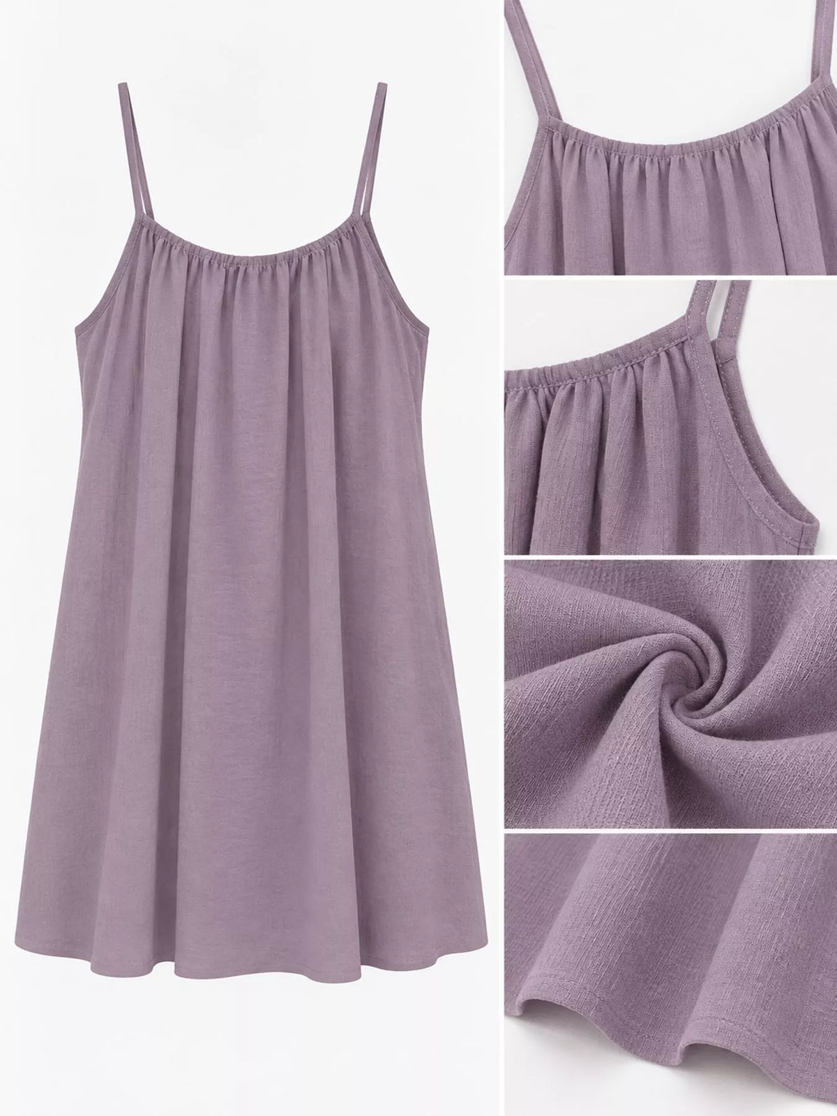 Mauve spaghetti strap A-line mini dress with open tie back, front, back and construction details