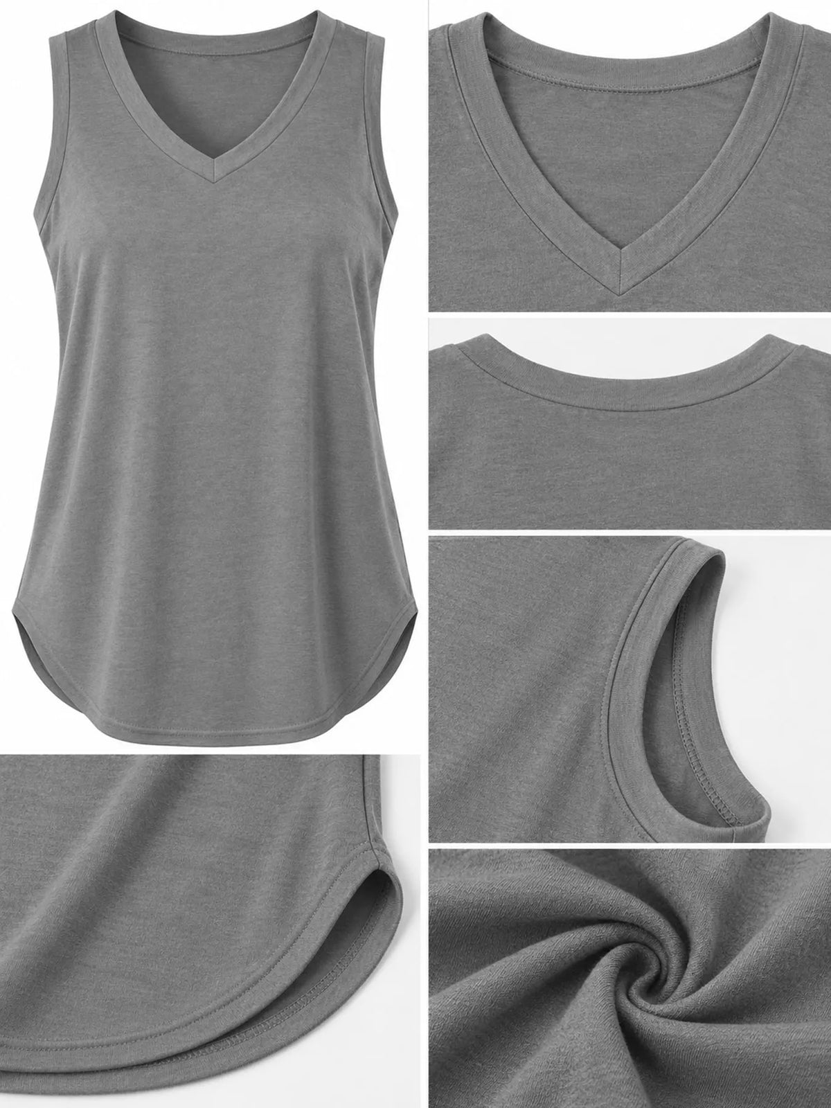Gray v-neck loose fit tank top, front and back neckline, armhole, hem, and fabric close-ups