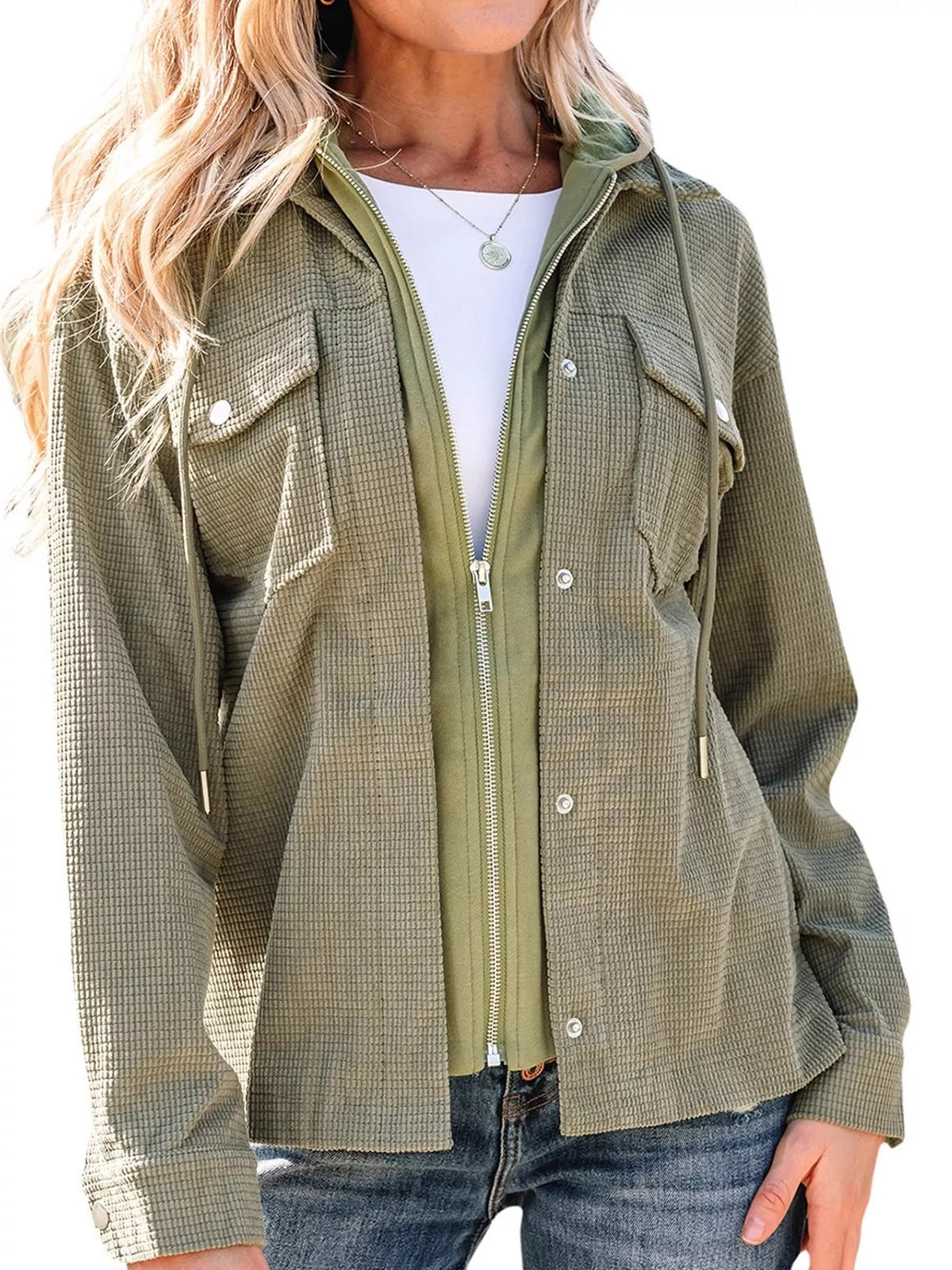 Olive textured long sleeve hooded jacket — front view